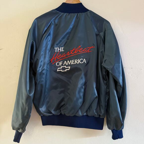 Vintage Chevy Heartbeat Of America Satin Bomber Jacket Blue Made In USA Small - Picture 1 of 10